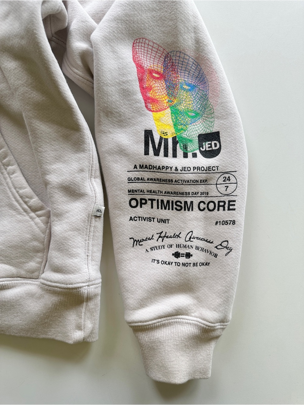 Rare MADHAPPY Jed Foundation Mental Capacity Rainbow Heritage Beige Hoodie XS - Picture 6 of 14